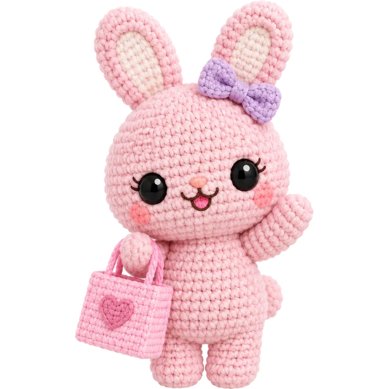 Mimi, a pink crochet bunny holding a shopping bag